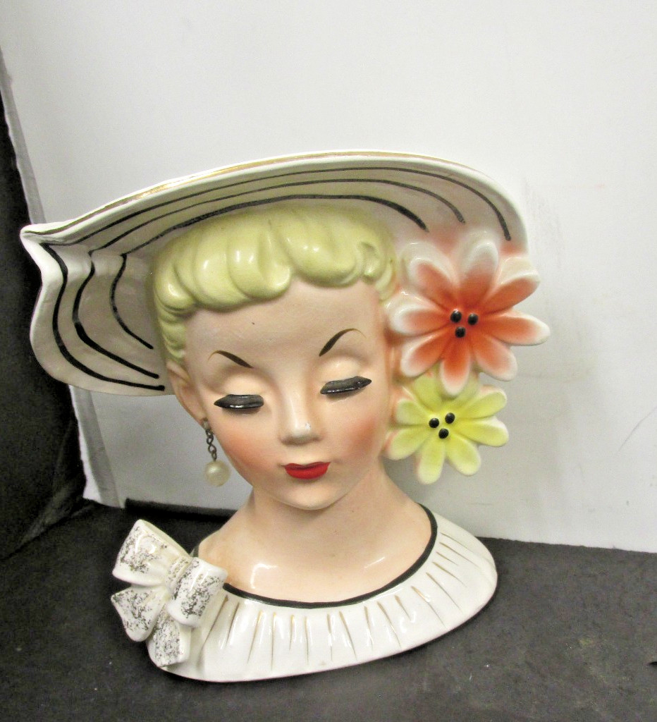 VINTAGE RELPO K 860 5 3/4 INCH LADY head vase BLONDE HAT AND FLOWERS BOW