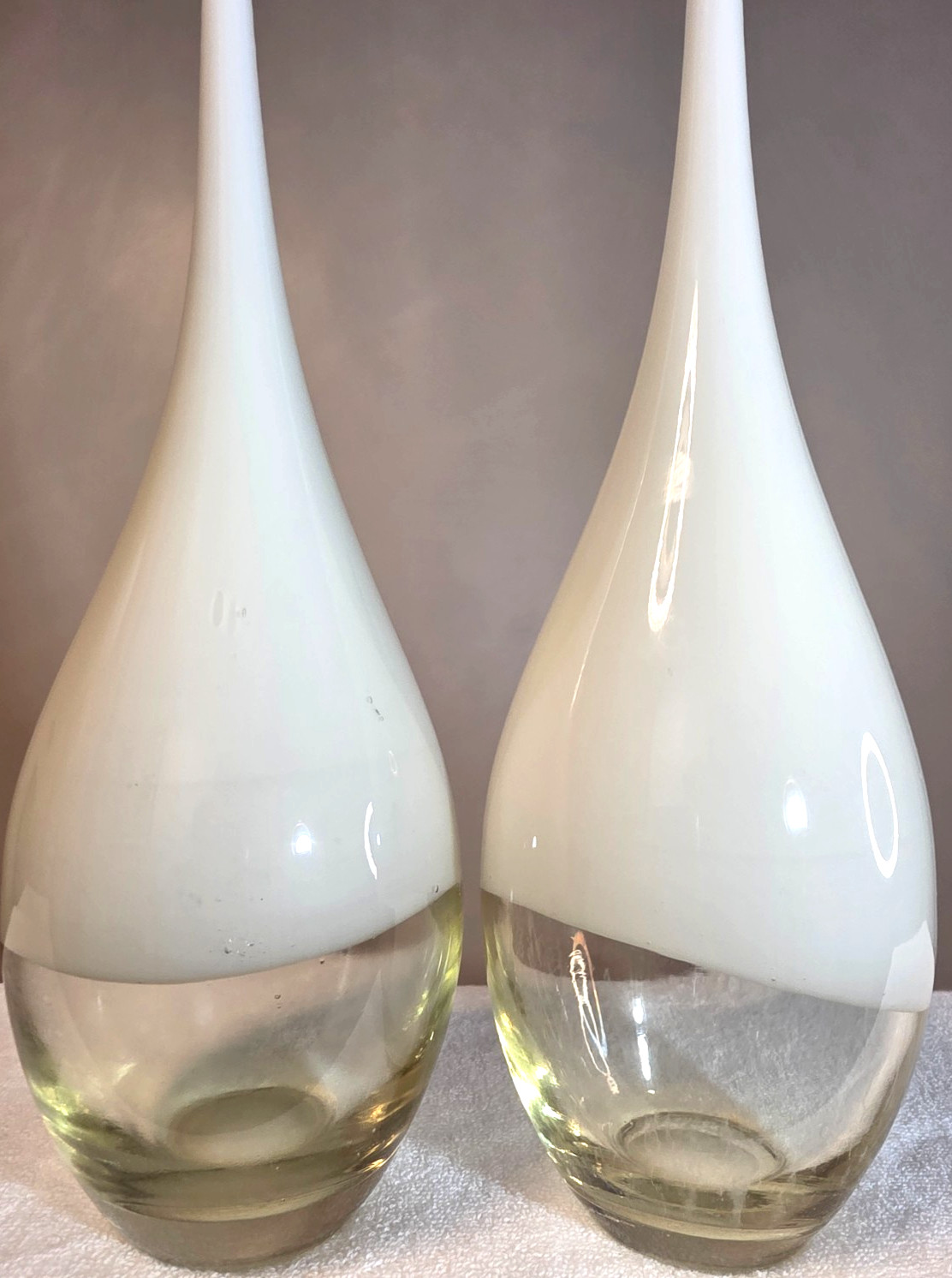 White Art Glass Stretch Long Thin Neck Vase w/ Flange Rim Used