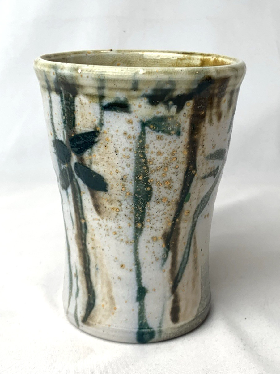 Studio Art Pottery Tumbler Vase Green Trees Leaves Nature Signed 4.75 inches