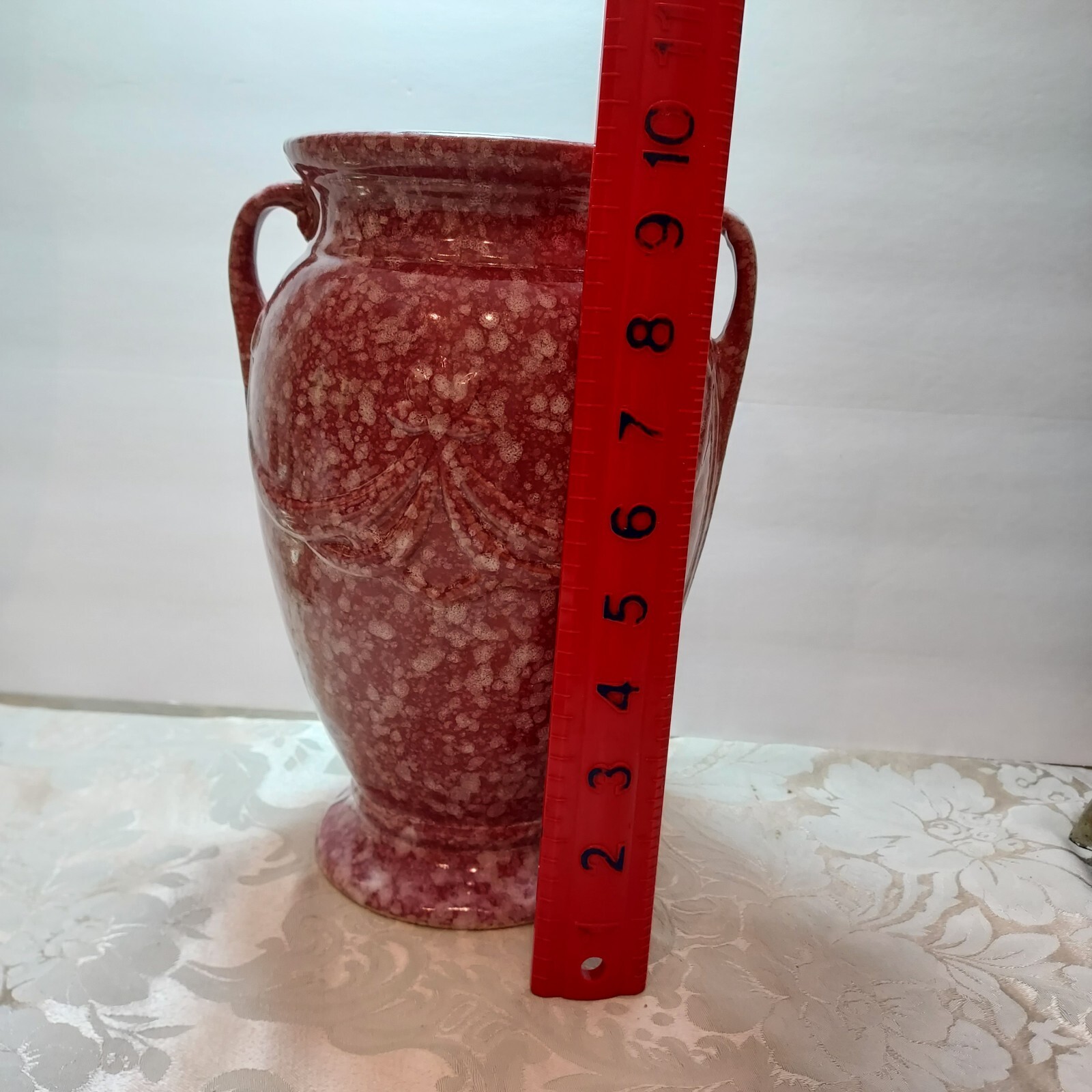 Robinson Ransbottom Spongeware Pink Marbled 2 Handled Vase READ
