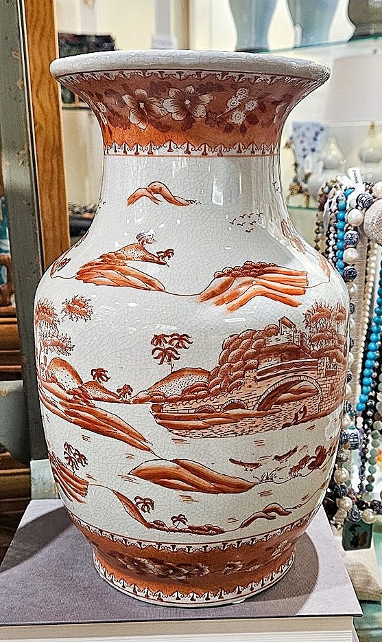 Dark Salmon Color Chinoiserie Porcelain Bouquet Vase. Hand Painted – 13″H