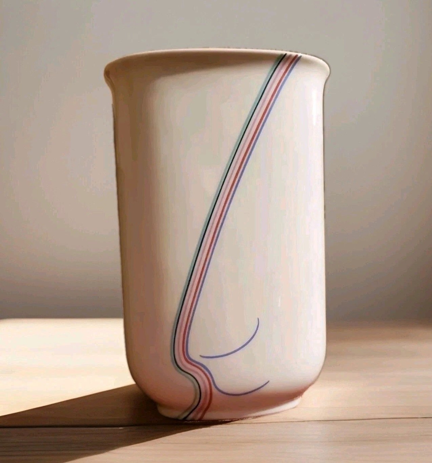 Vtg Rörstrand Vase Rainbow Stripe Oval B Vallien Ceramic Porcelain Vessel SWEDEN