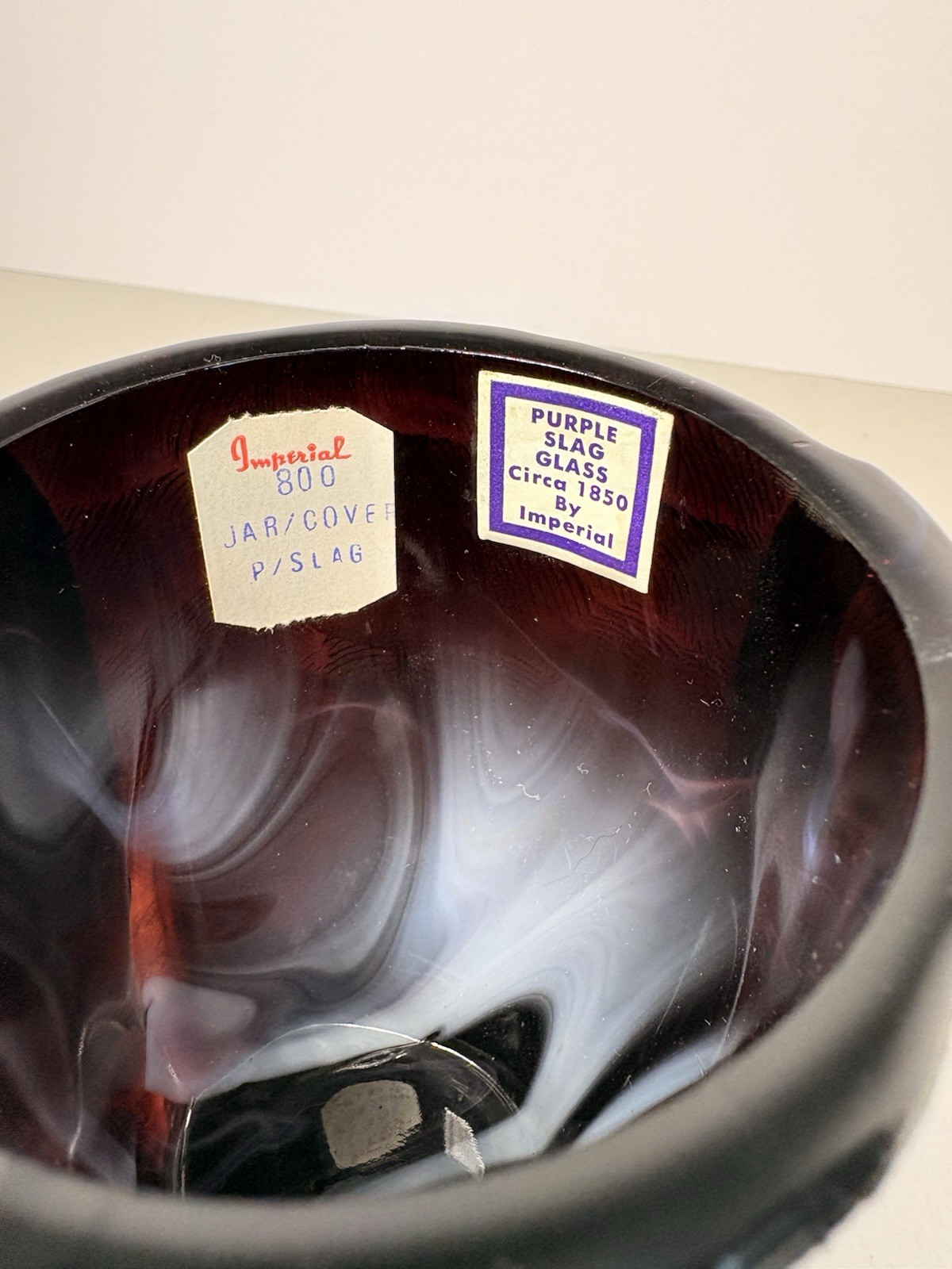 Vintage Imperial Purple Slag Glass Owl Covered Dish w/Labels