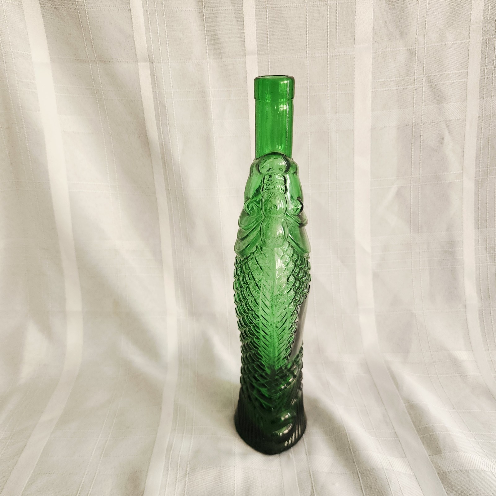 Vintage Green Glass Fish Shaped Wine Bottle Decanter Scales 13″ T F Mark