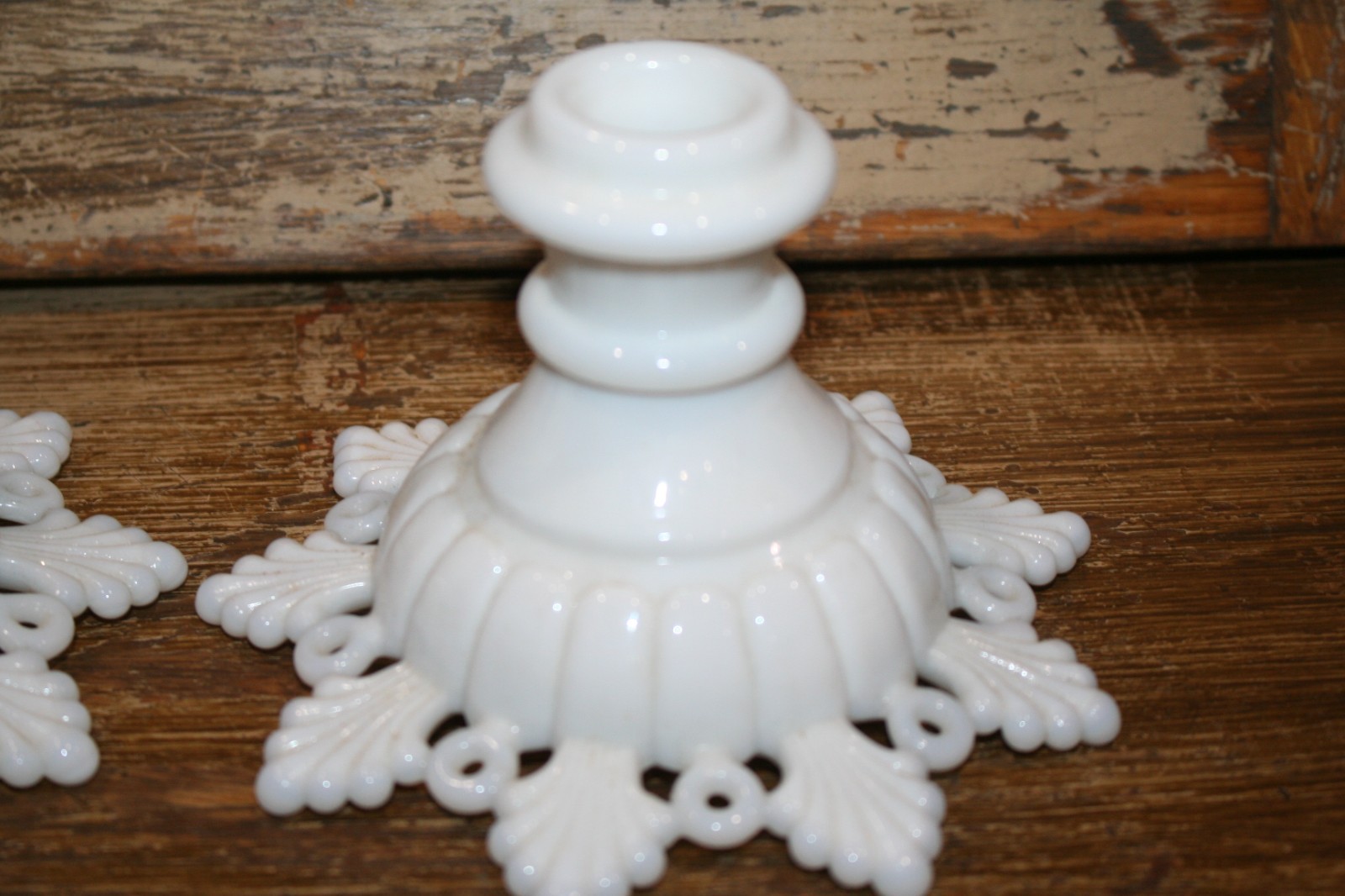 Set of 2 Vintage Westmoreland Ring And Petal Candle Holder Pair White Milk Glass