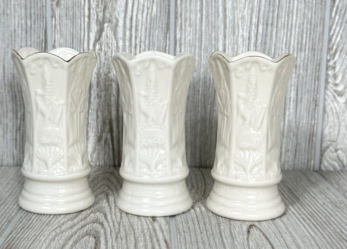 Belleek Visitors Center Ivory Bud Vases 4″ Tall Lot of 3 Embossed Design Ireland