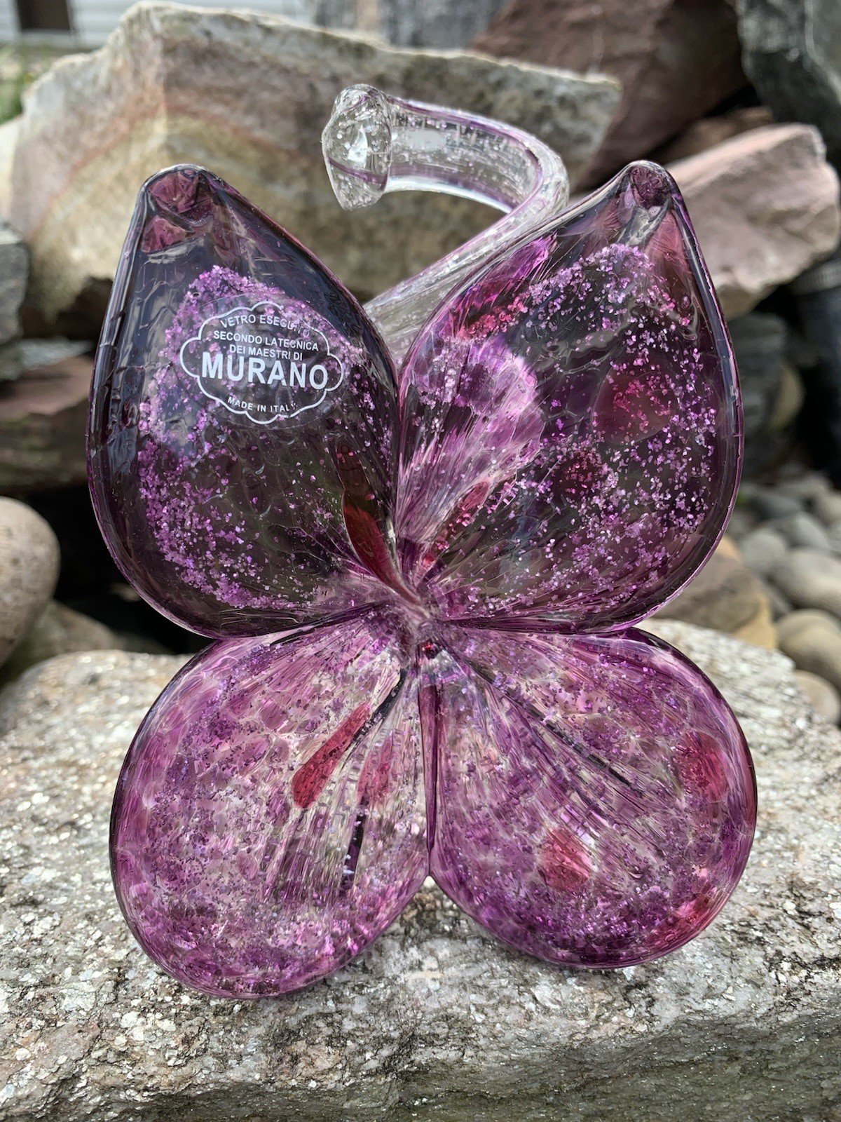 Vintage Murano Italy Handblown Art Glass Purple Pink Flower Glitter Petal Twist