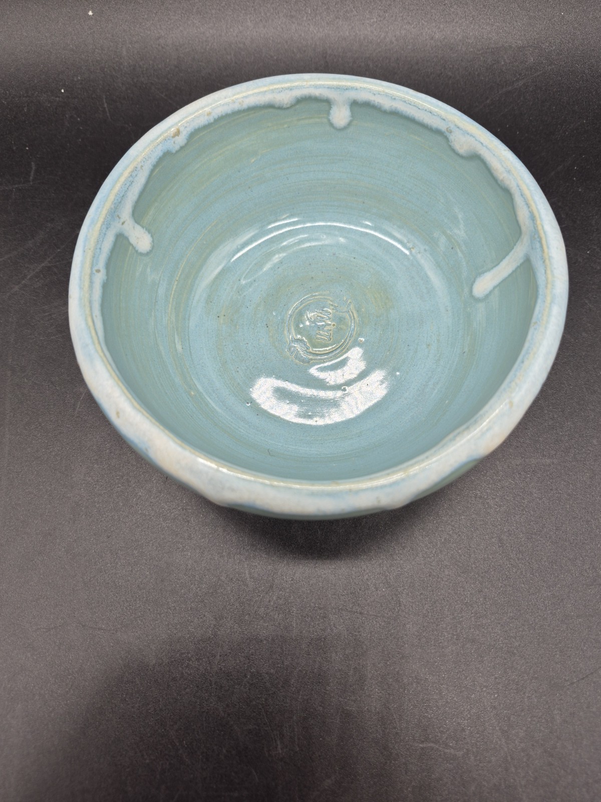 Handmade Pottery Bowl. Robin’s Egg Blue W/ White Drip Glaze Accents. Stamped NJM
