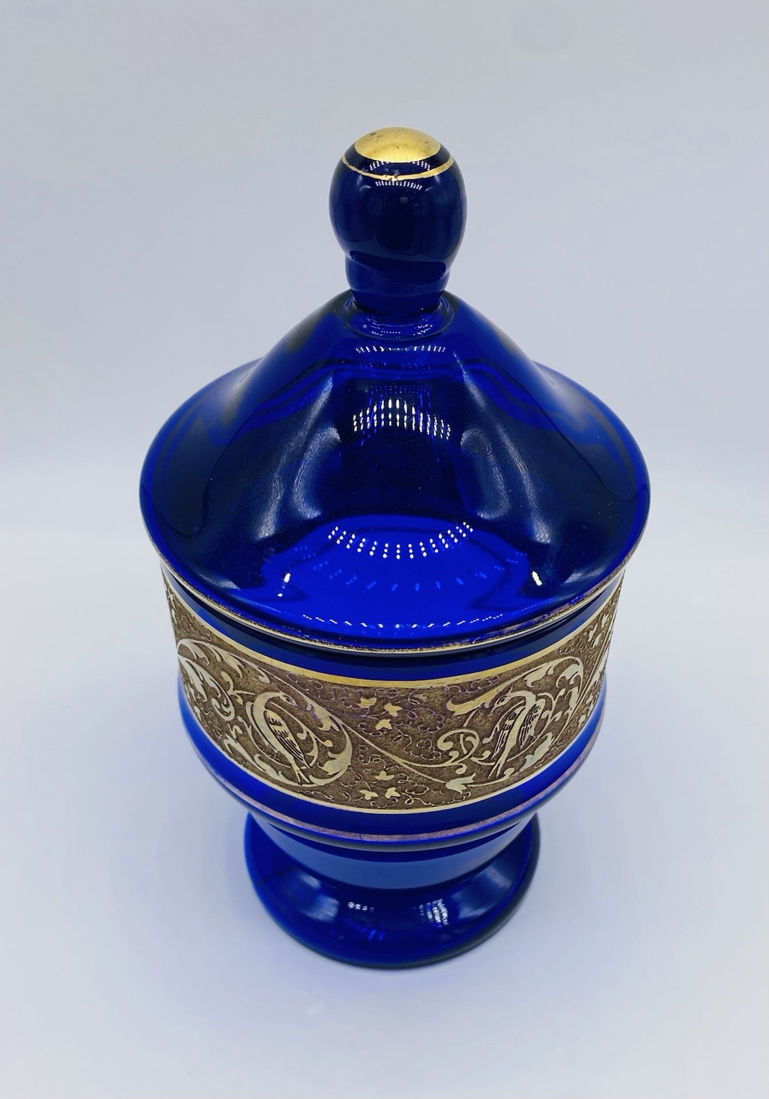 c.1890 Bohemian MOSER Cobalt Blue And Gold Glass Jar With Gold Gild Band