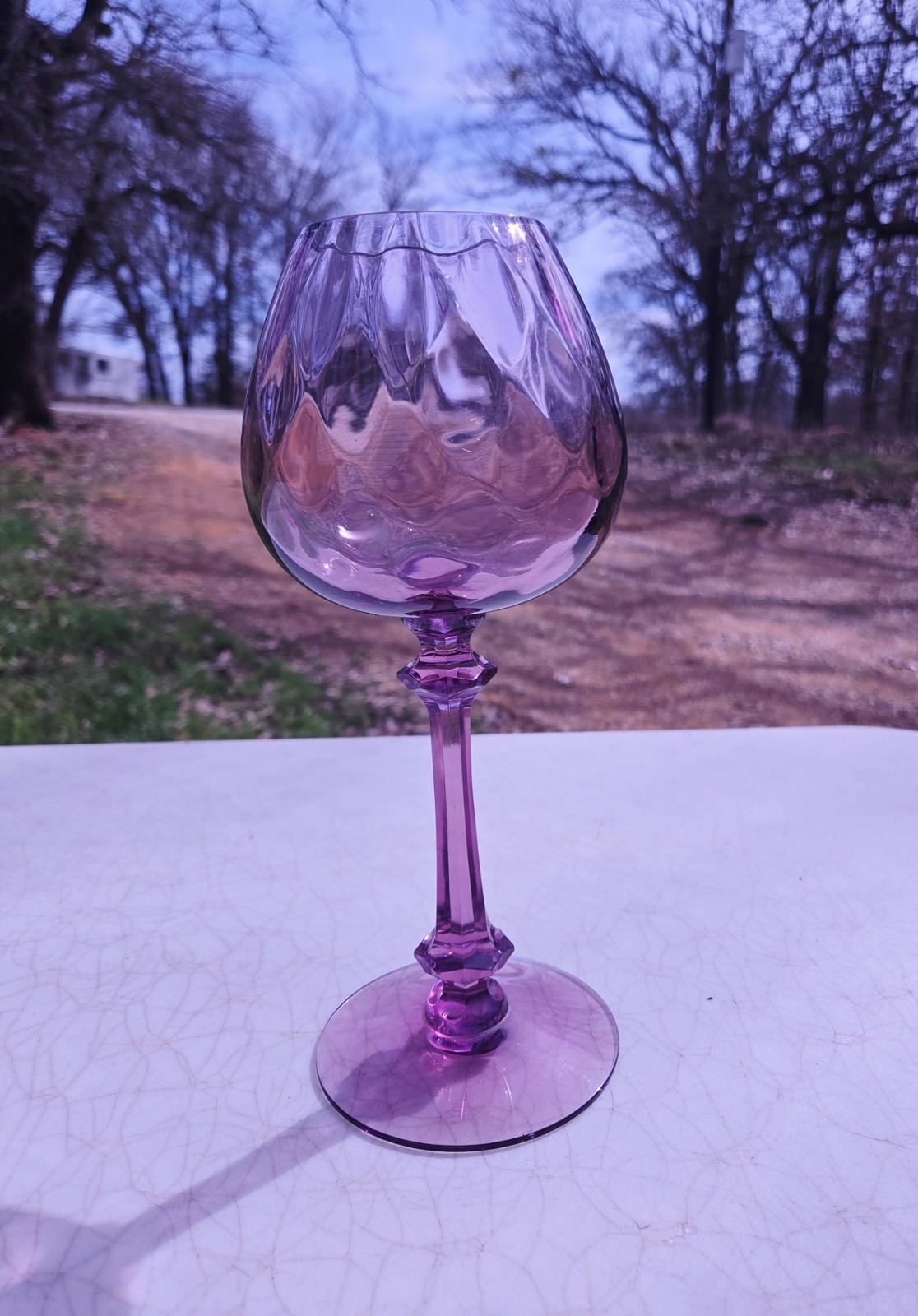 MCM Tiffin-Franciscan Amethyst Purple Lilac Diamond Optic Ivy Ball Vase 9.75″ H