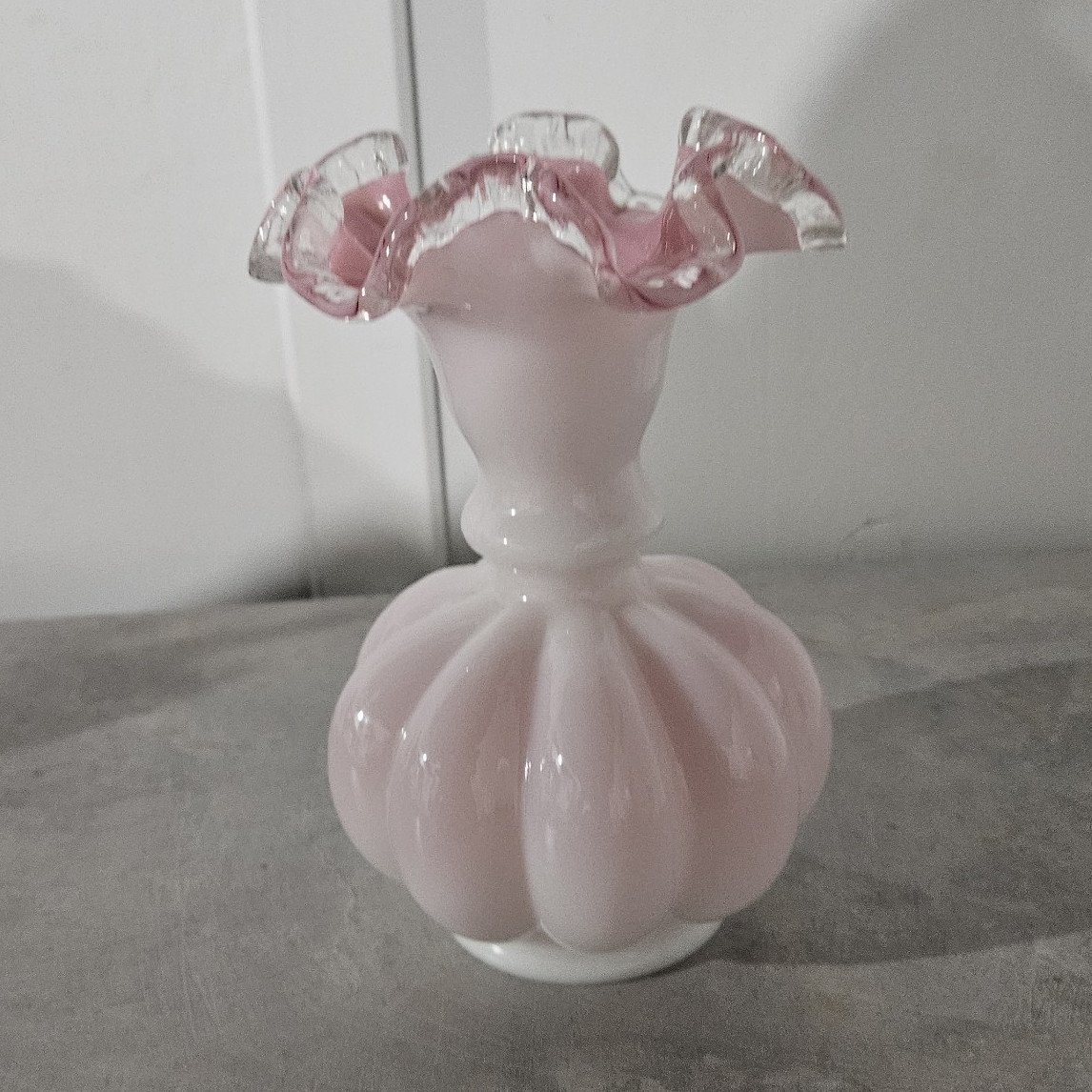Fenton Peach Crest White Pink Milk Glass Melon Vase