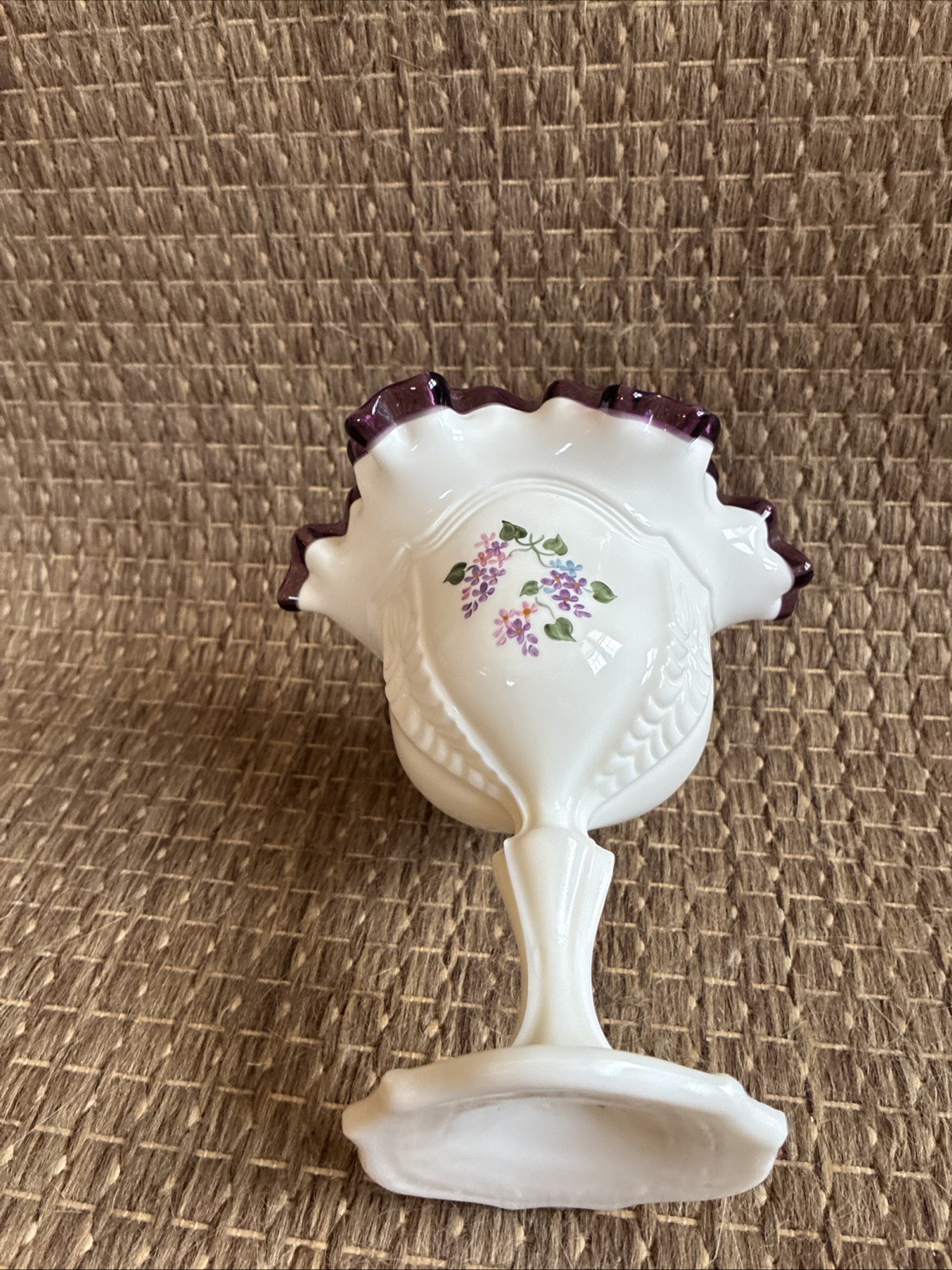 Fenton Art Glass Signed Amethyst Purple Crest Violets in Snow Footed 6” Compote