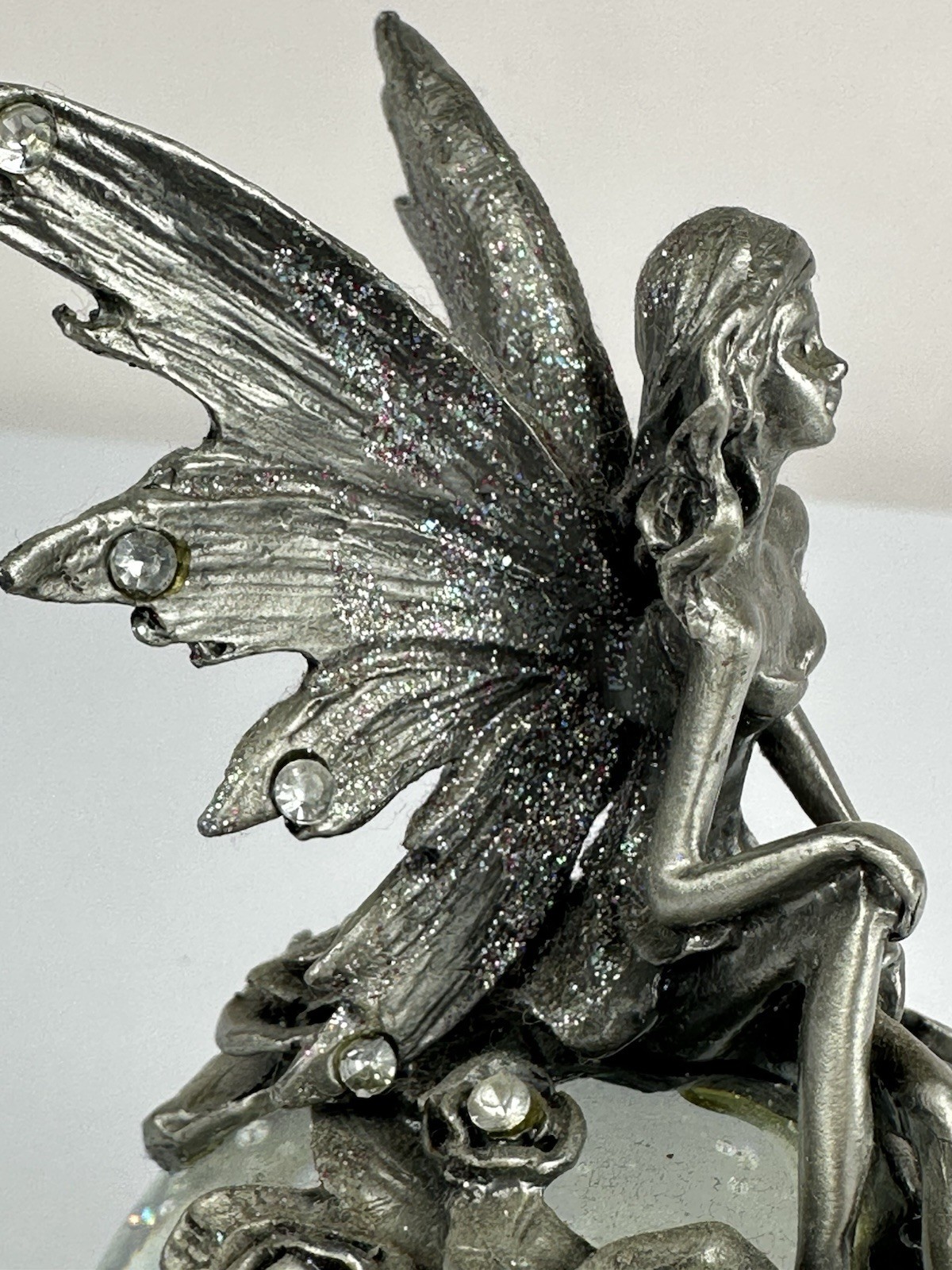 Pewter Fairy With Roses & Rhinestones Glass Paperweight With Bubbles