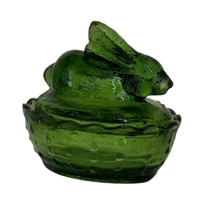 Vintage Green Glass Bunny Rabbit on Nest Lidded Salt Cellar