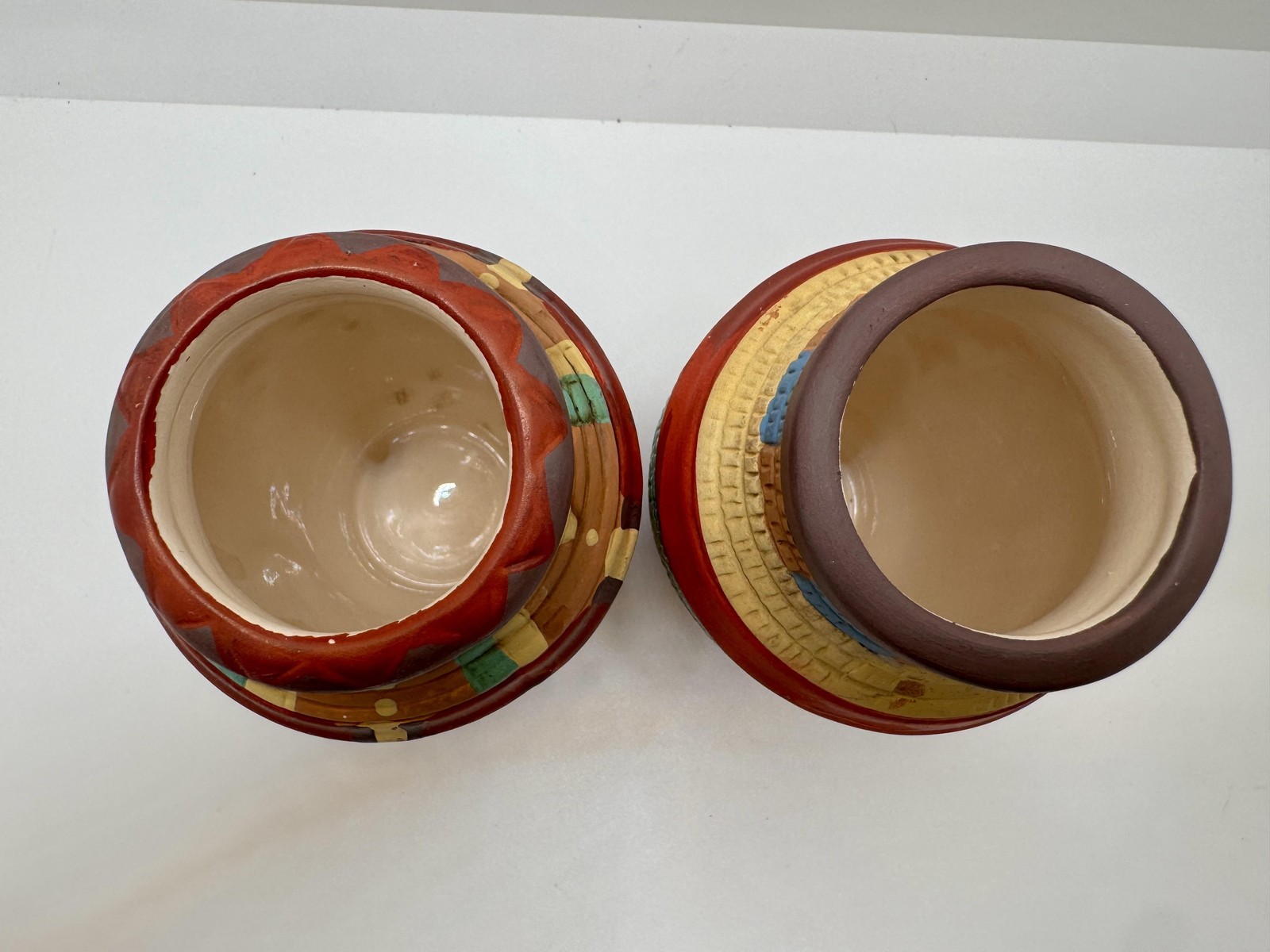 Southwestern Multicolor Geometric Terracotta Ceramic Vase Pair Hand Painted