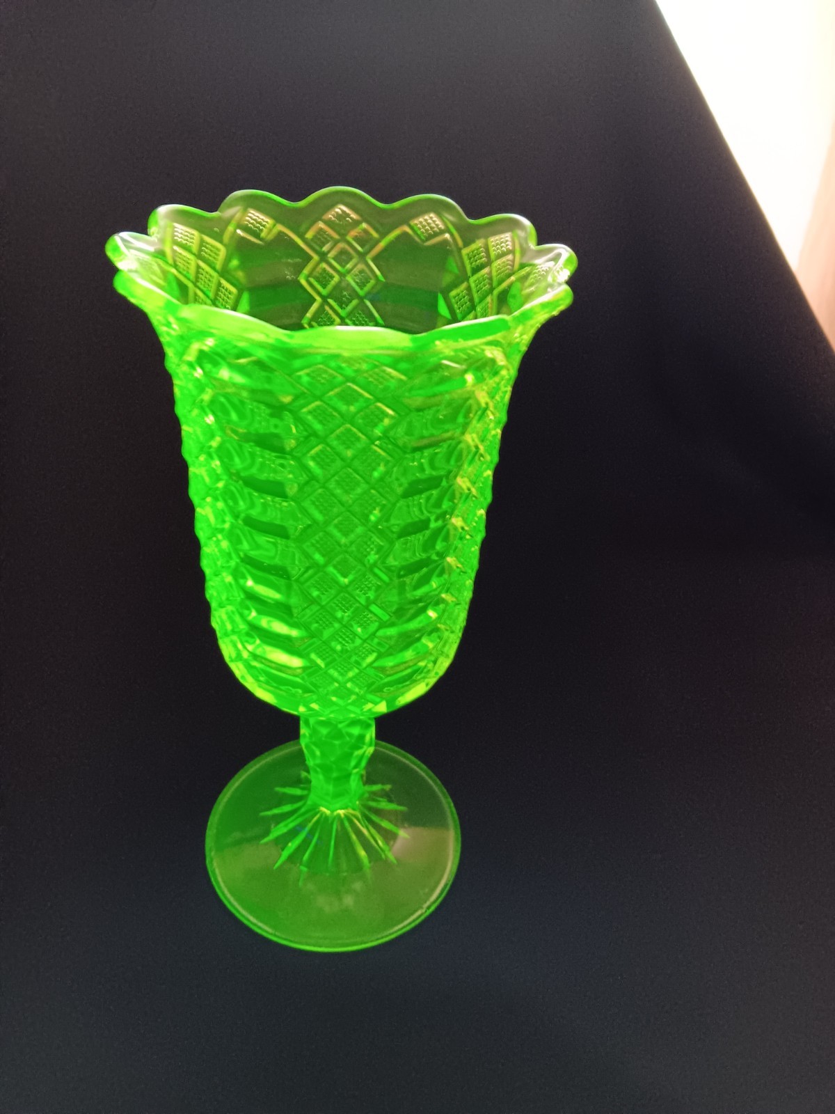 Vaseline Glass Canary Yellow Jacobs Ladder Footed Celery Vase 9″ Tall Very Rare)