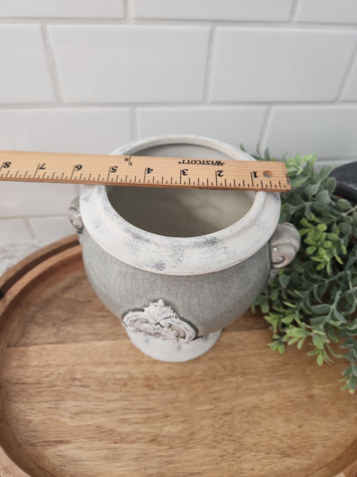 Grey Crackle Glaze Ceramic Urn Decorative Vase with Medallion Handle Home Decor