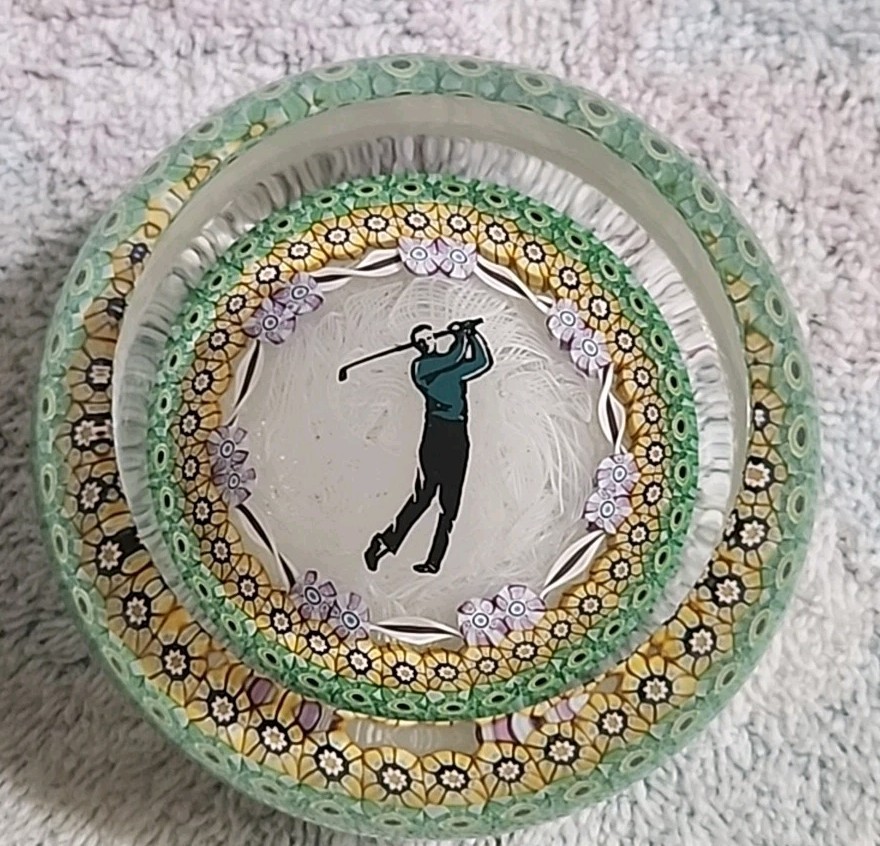 Vtg 1987 Perthshire Glass Paperweight Golfer Millefiori Lace Limited Edition