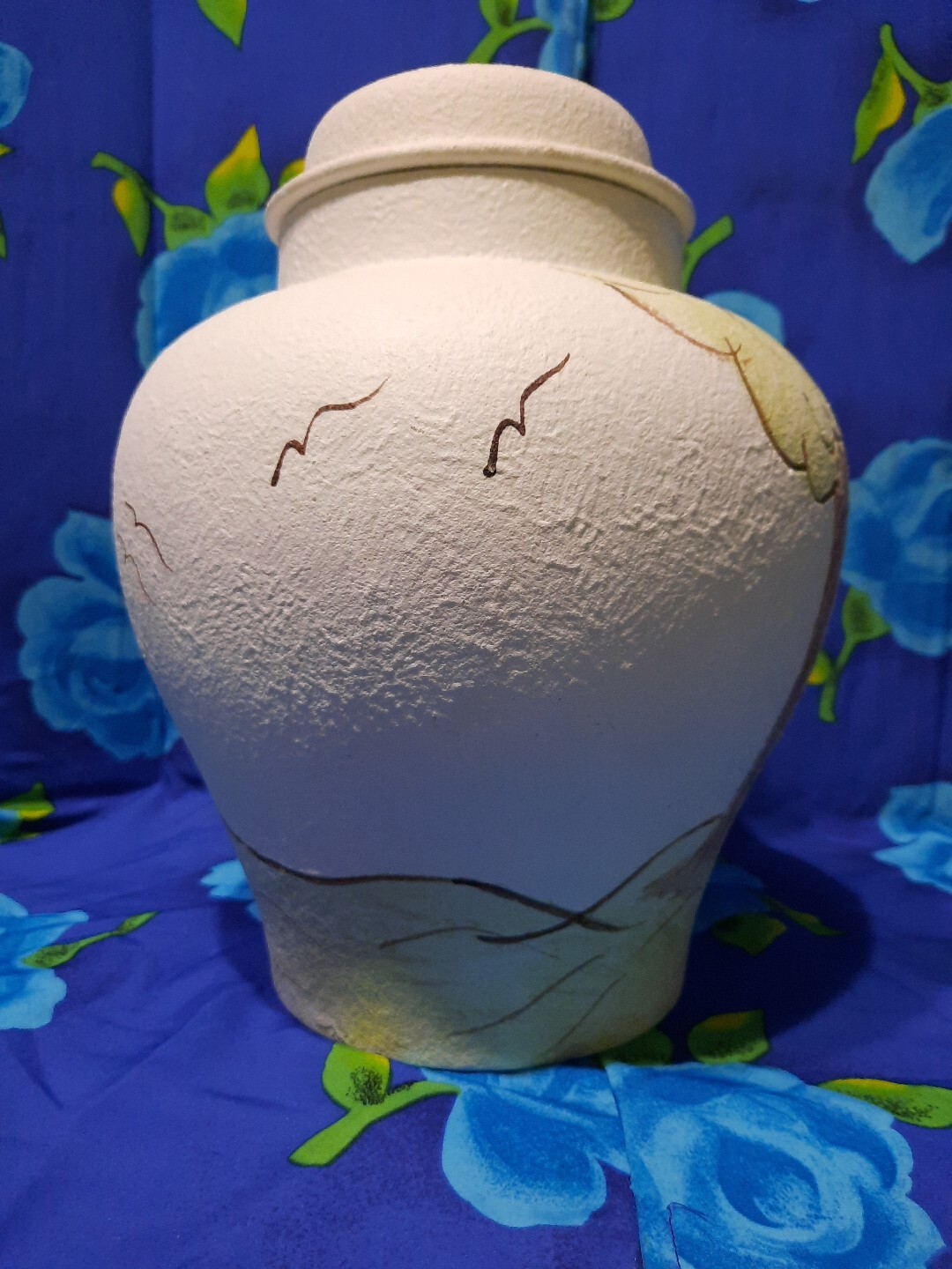 Vtg 80s Lg Etched Painted Textured Pottery Vase Urn Ginger Jar Signed Sue Thomas