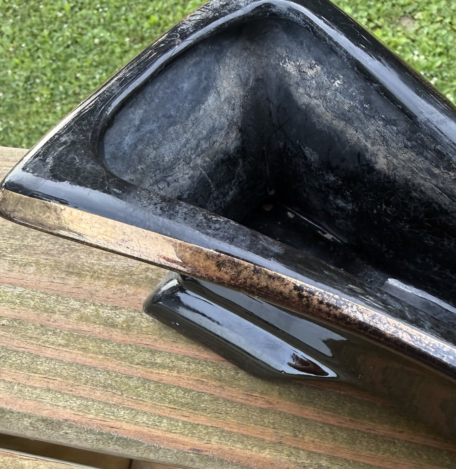 Art Deco Black Glossy Stanford Ware Window Box Pottery Planter With Gold Rim