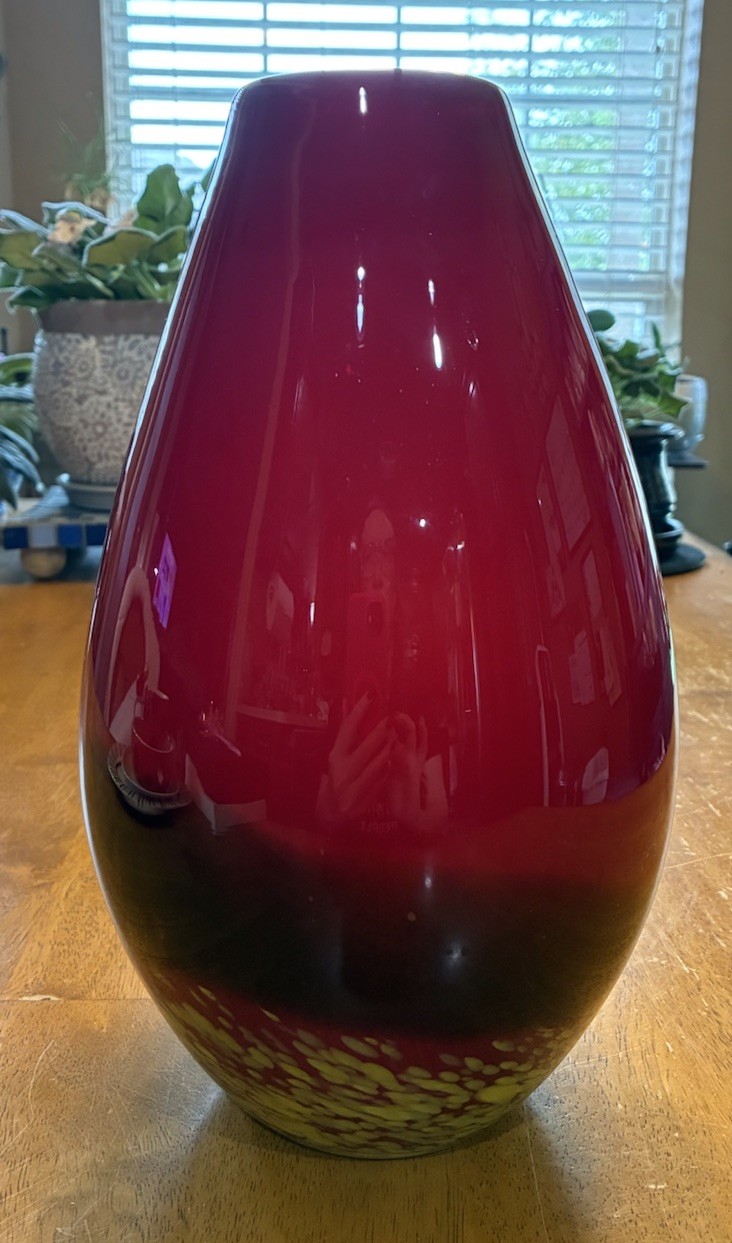 Red Black & Lime Green Art Glass Vase Made in China Medium Size