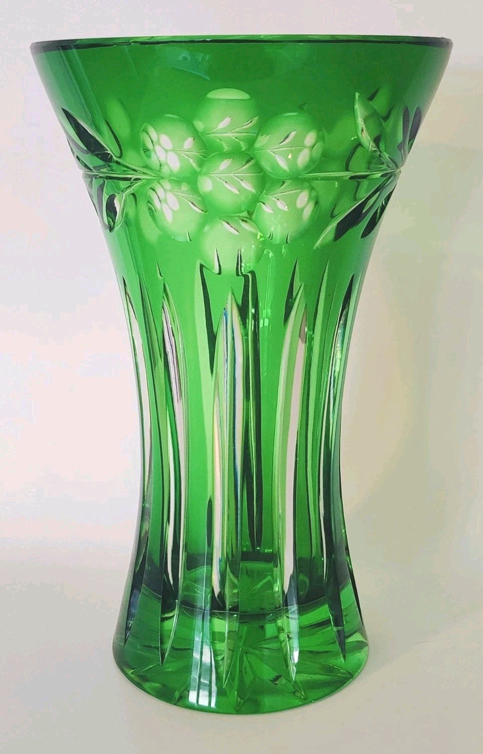 Bohemian Crystal Cut to Clear Emerald Green 8″ Vase Art Glass