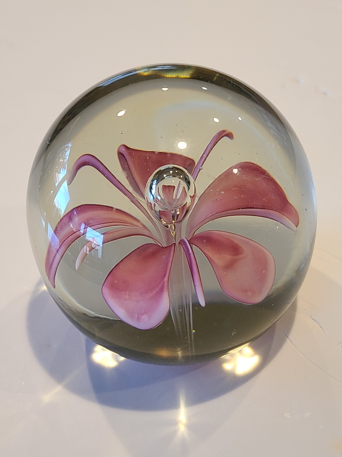 Hand Blown – Pink Floral. Controlled Bubble. Glass Paper Weight 2.5in