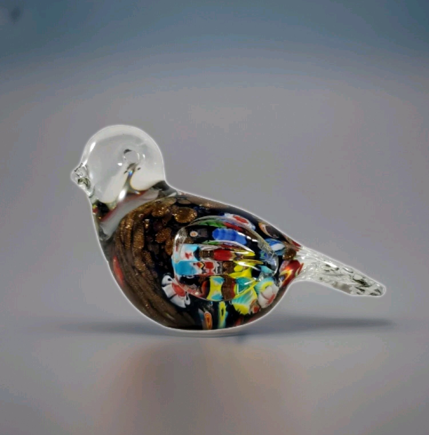 Pier 1 Glass Paperweight Bird Figure Clear Gold Multi-Color Millefiori Vintage