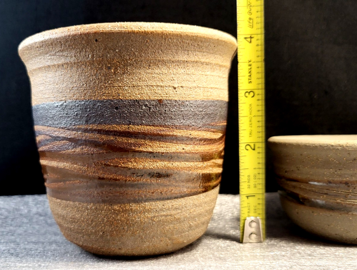 Lot of 2 Handcrafted Stoneware Studio Art Pottery Earth Tone Planters 3.75″ &2″