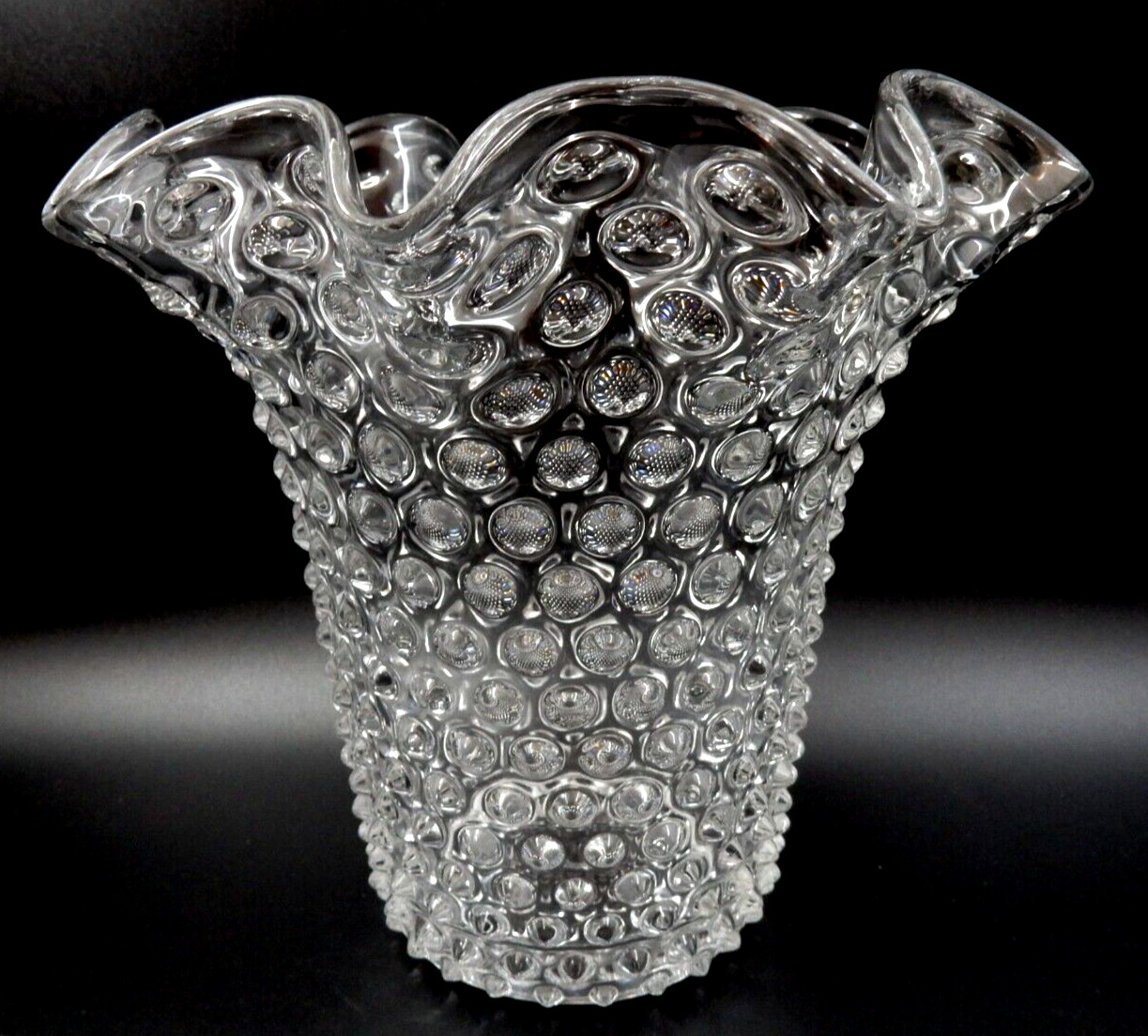 VINTAGE DUNCAN & MILLER RUFFLED EDGE HOBNAIL PATTERN PRESSED GLASS VASE