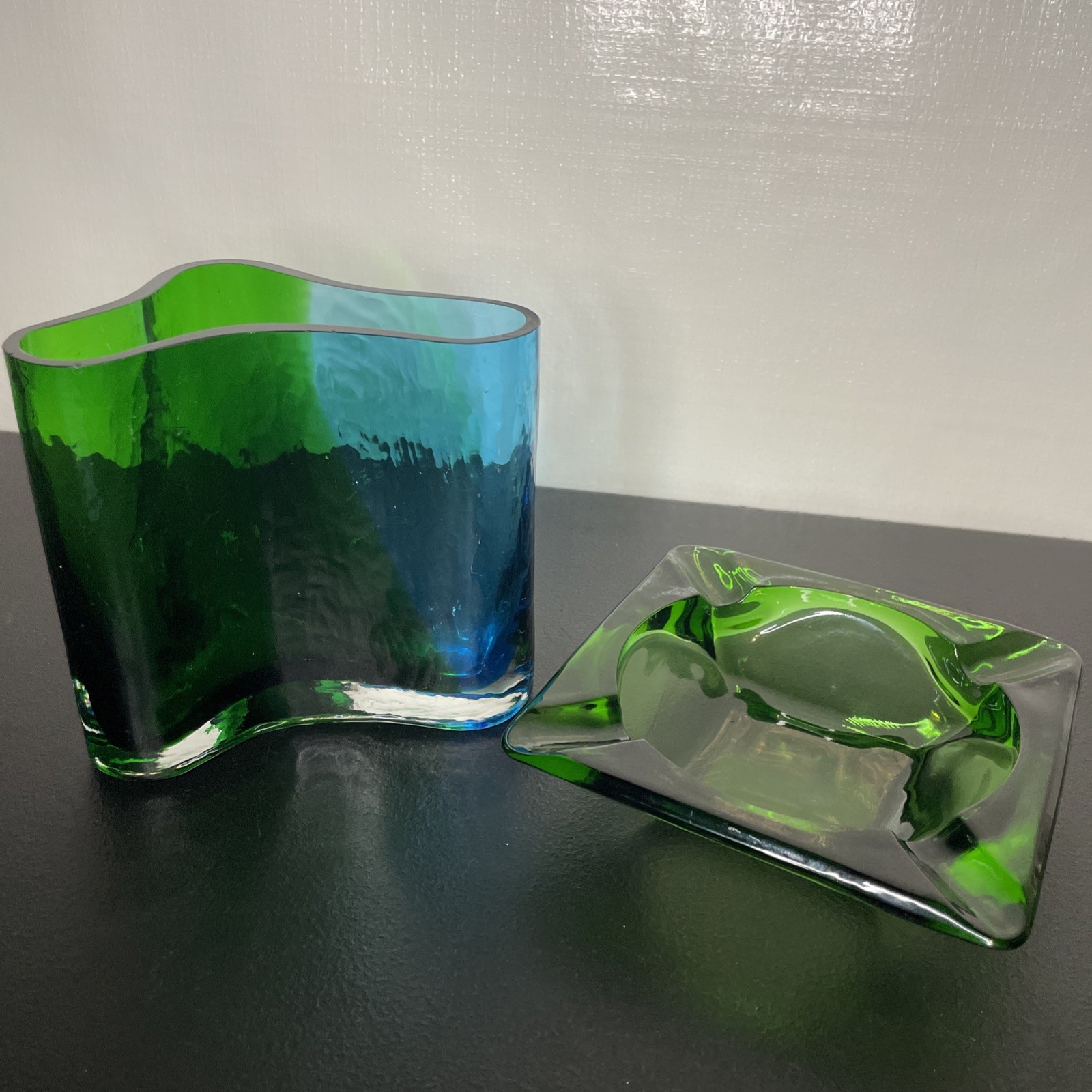 Southern Living Green Clear and Blue Art Glass Vase And Ash Tray Set Of 2