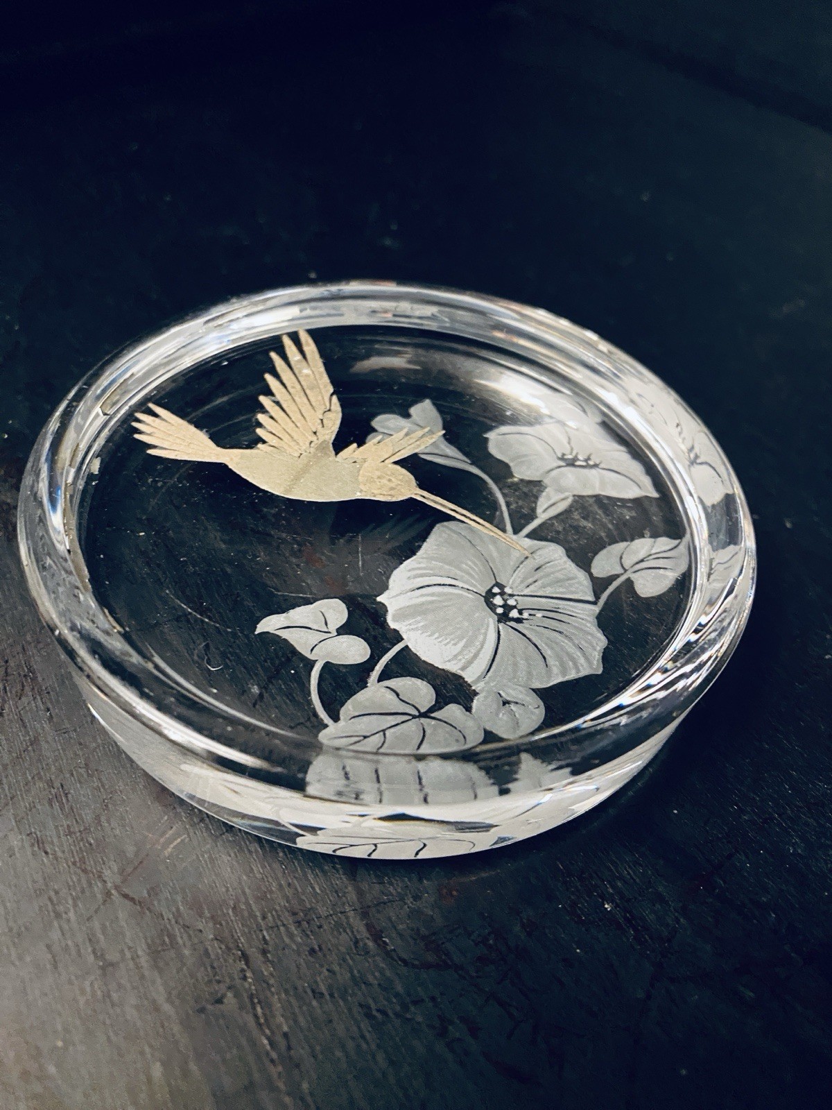 Glass Paperweight Etched Humming Bird Feeding