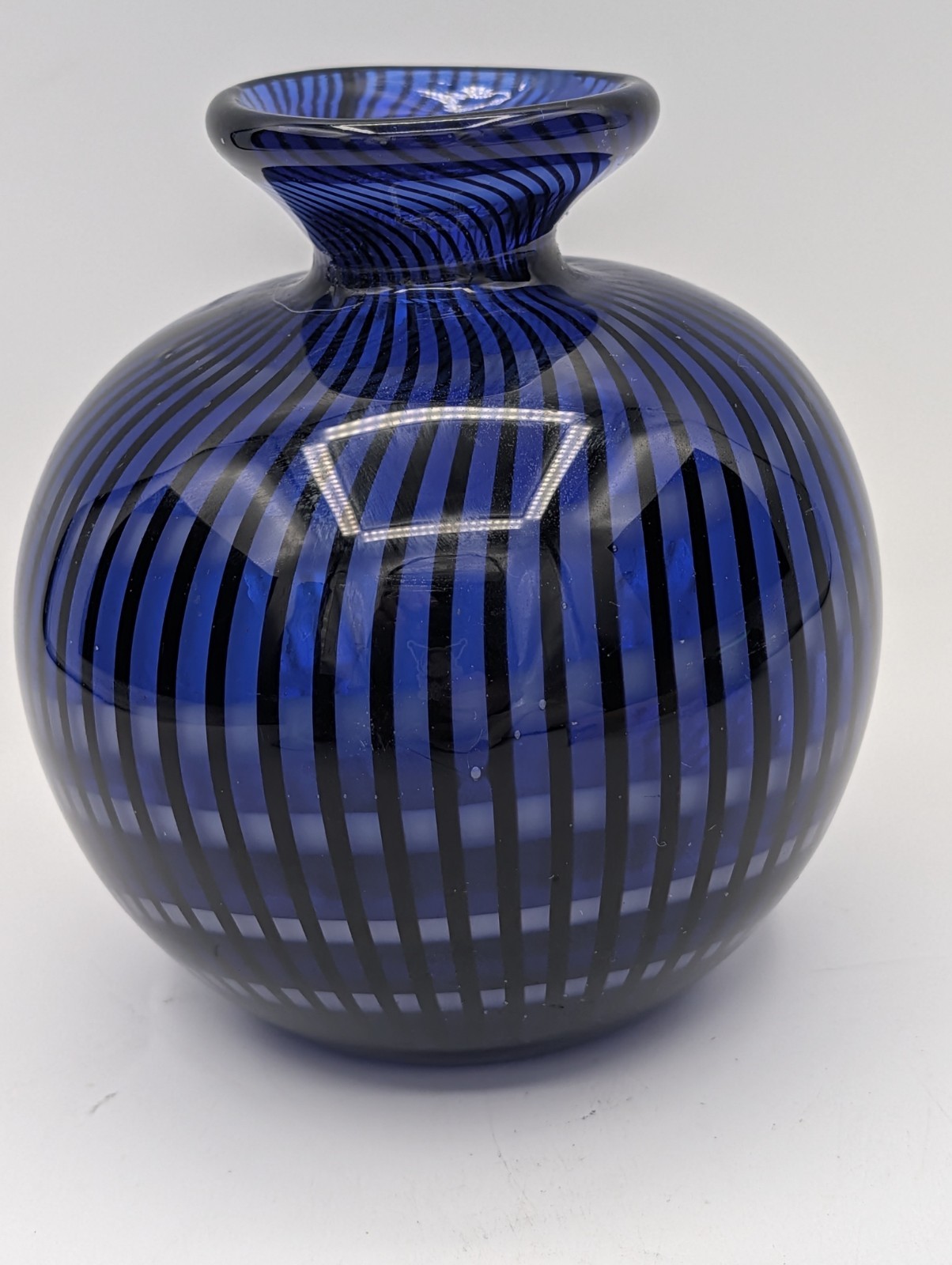 Vintage Kosta ? Sweden Art Glass Vase Blue Black Stripe White Inner Swirl 4.5″T