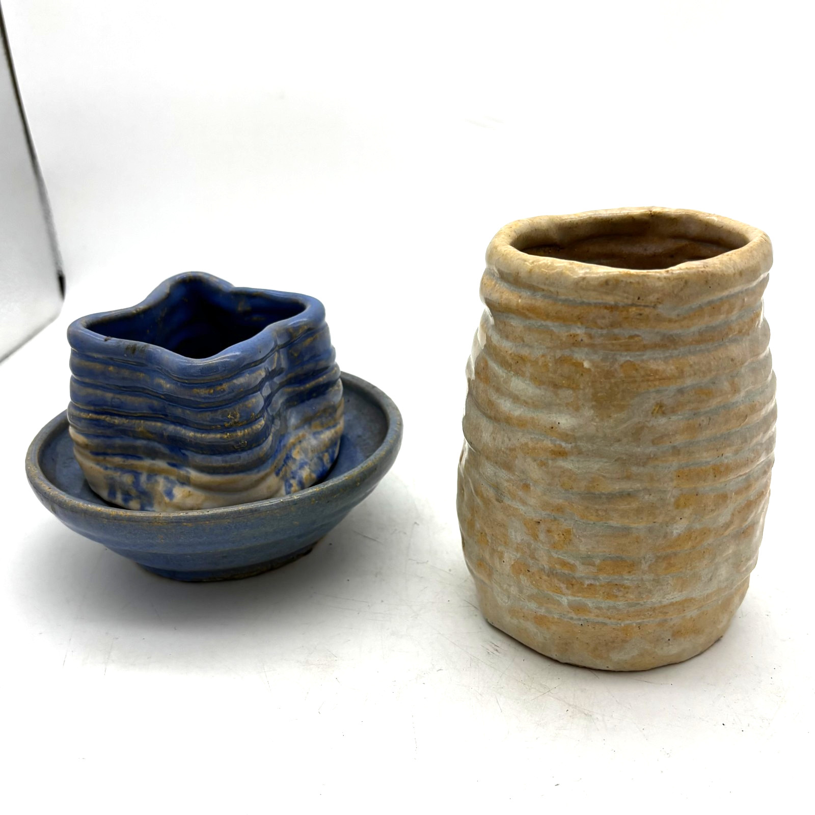 Handmade Studio Pottery Lot Blue Star Planter with Saucer & Beige Textured Vase