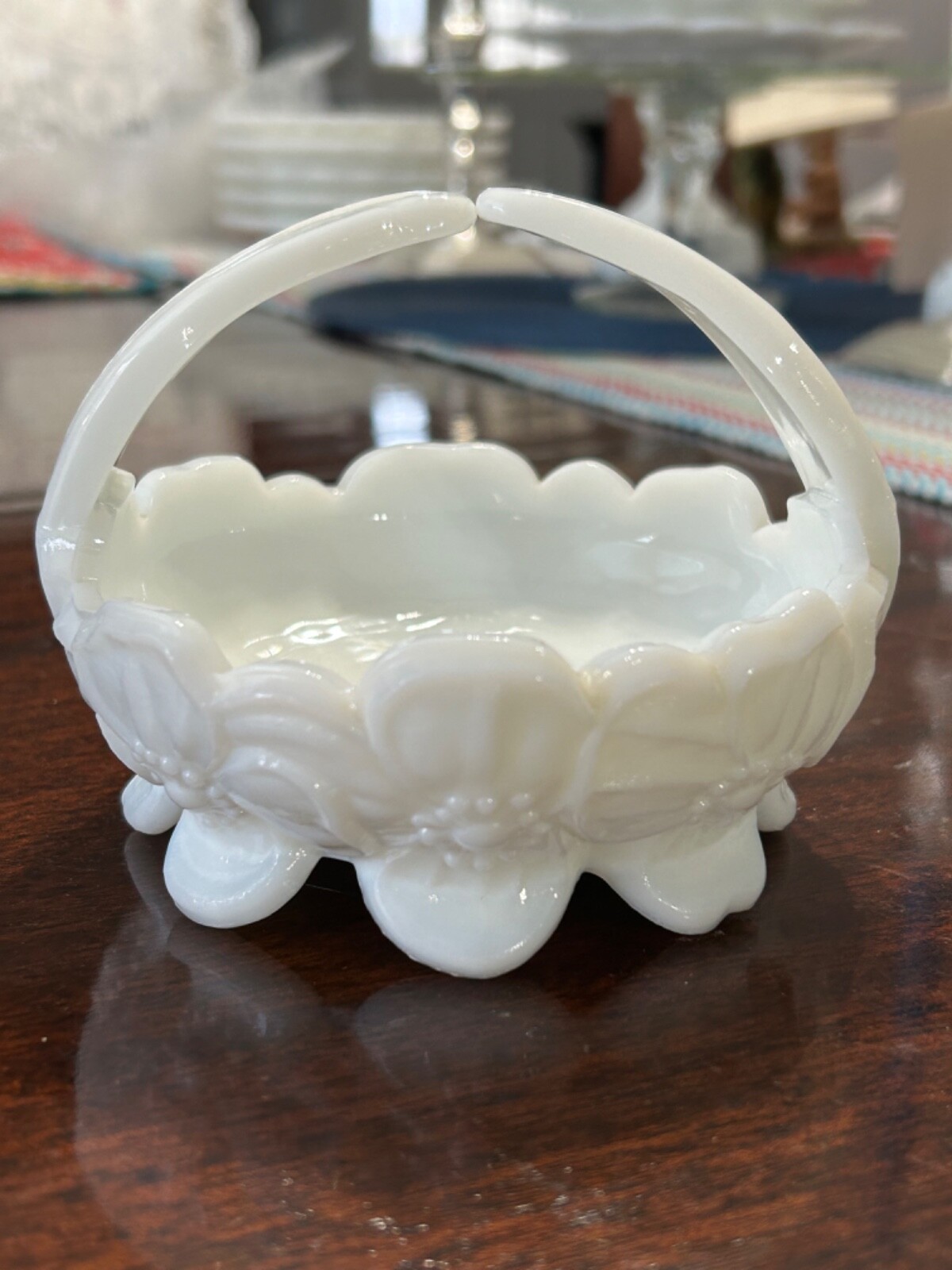 Vintage Westmoreland White Milk Glass Dogwood Split Handled Basket Candy Dish