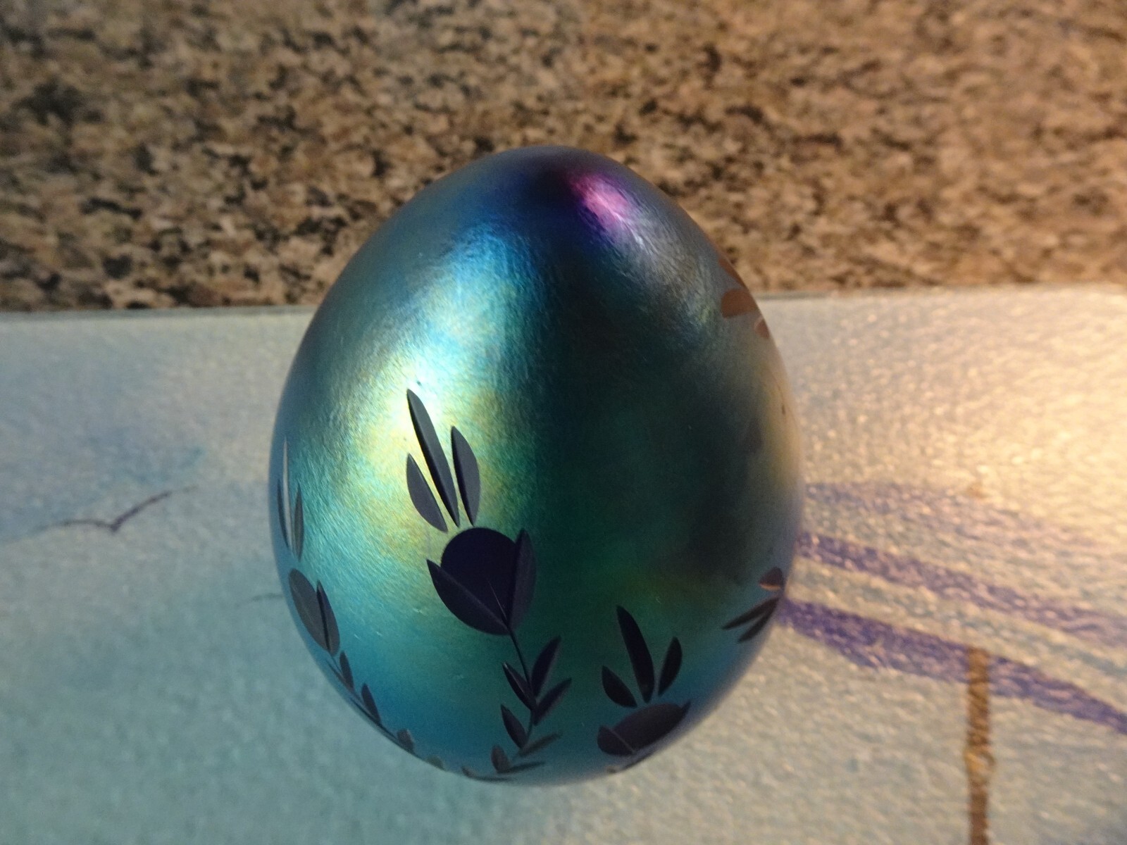 Vintage Vandermark Art Glass Incised Etched Carved Blue Aurene Egg Paperweight