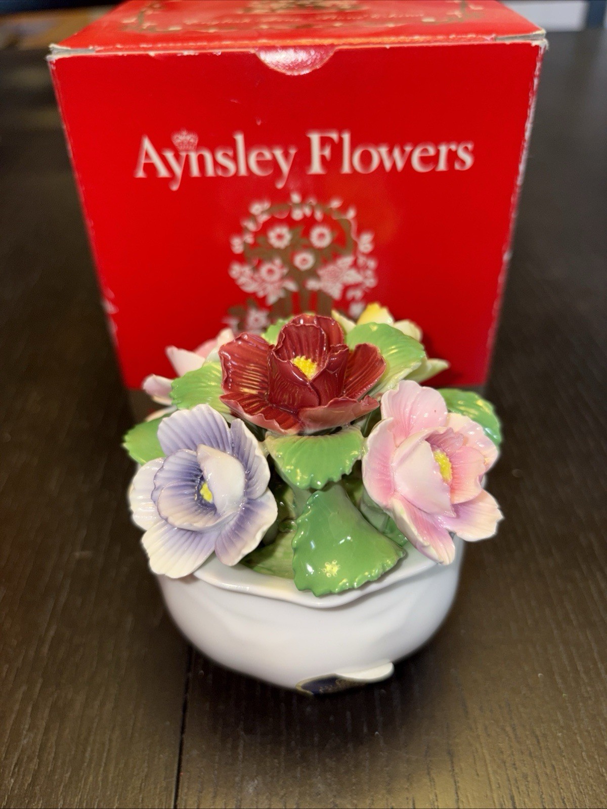 AYNSLEY England Fine Bone China Flower Bouquet in Flower Pot Hand Painted w/Box