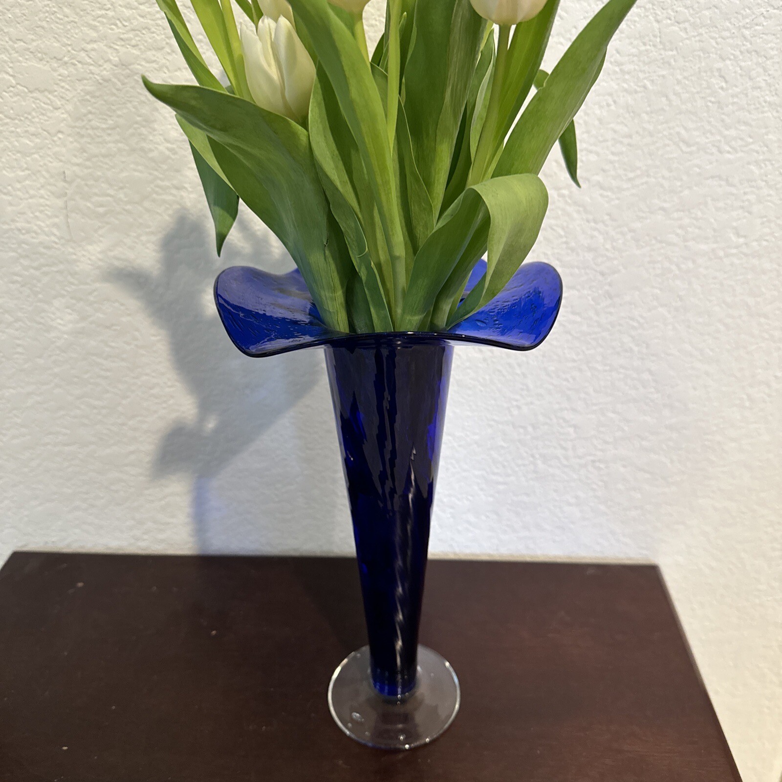 Handcrafted Cobalt Blue Blown Glass Swirl Lily Vase With Clear Base & Bubbles