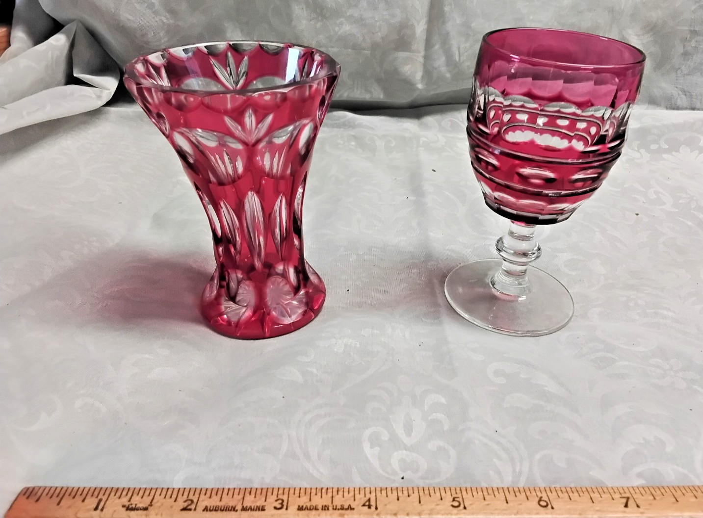 Nachtman rubvy cut to clear vase, Lambert blarney wine, chip on foot, both