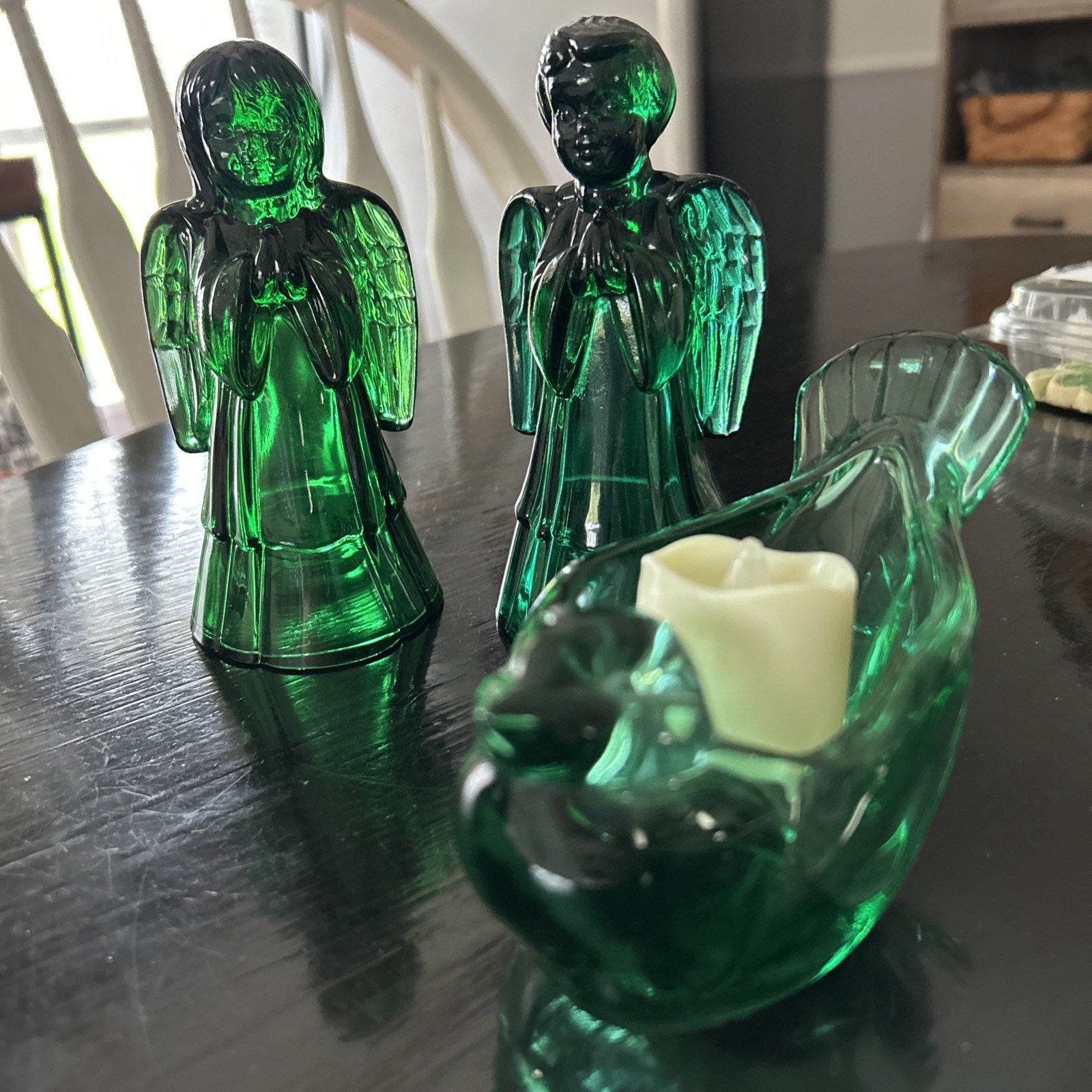 Vintage Fenton Emerald Green Boy And Girl Angels Set With Bird Trinket Dish