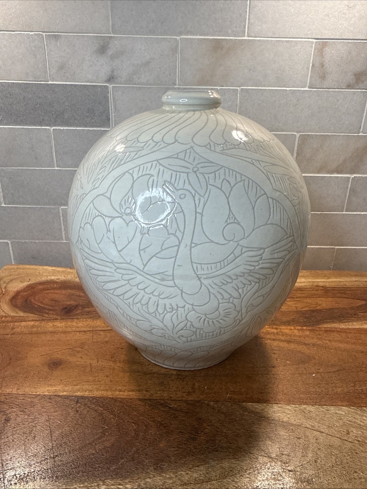 Vintage Mid 20th Century Korean Buncheong Stoneware Vase 8 3/4”