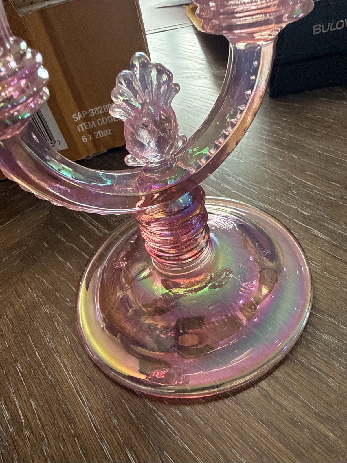 (1) Rare Vintage Fenton Pineapple Candlestick Double Light Iridescent Pink