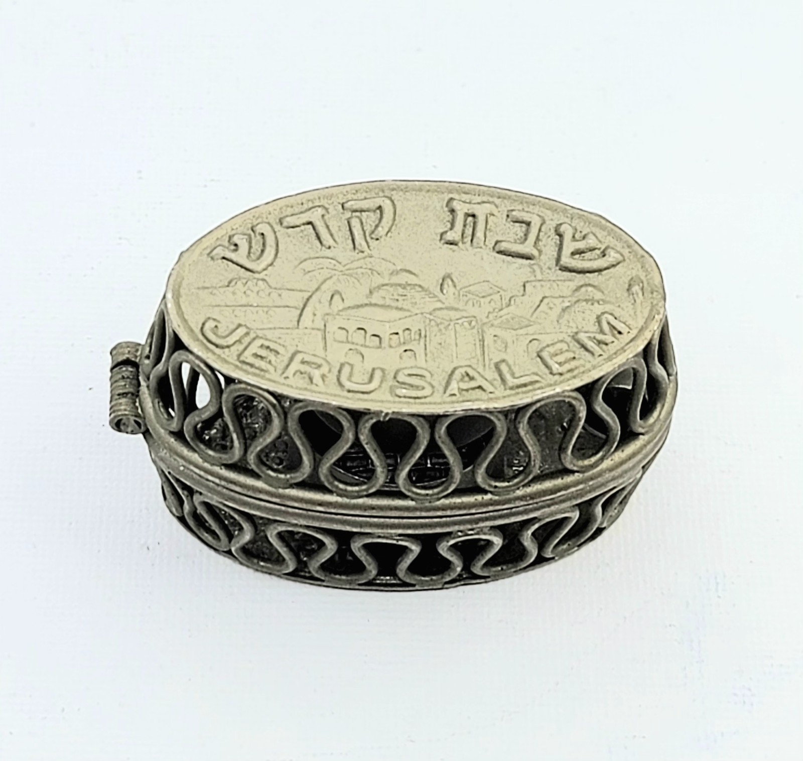 Shabbat Nickel-Plated Travel Candlestick Holders Hinged Lid Openwork Design