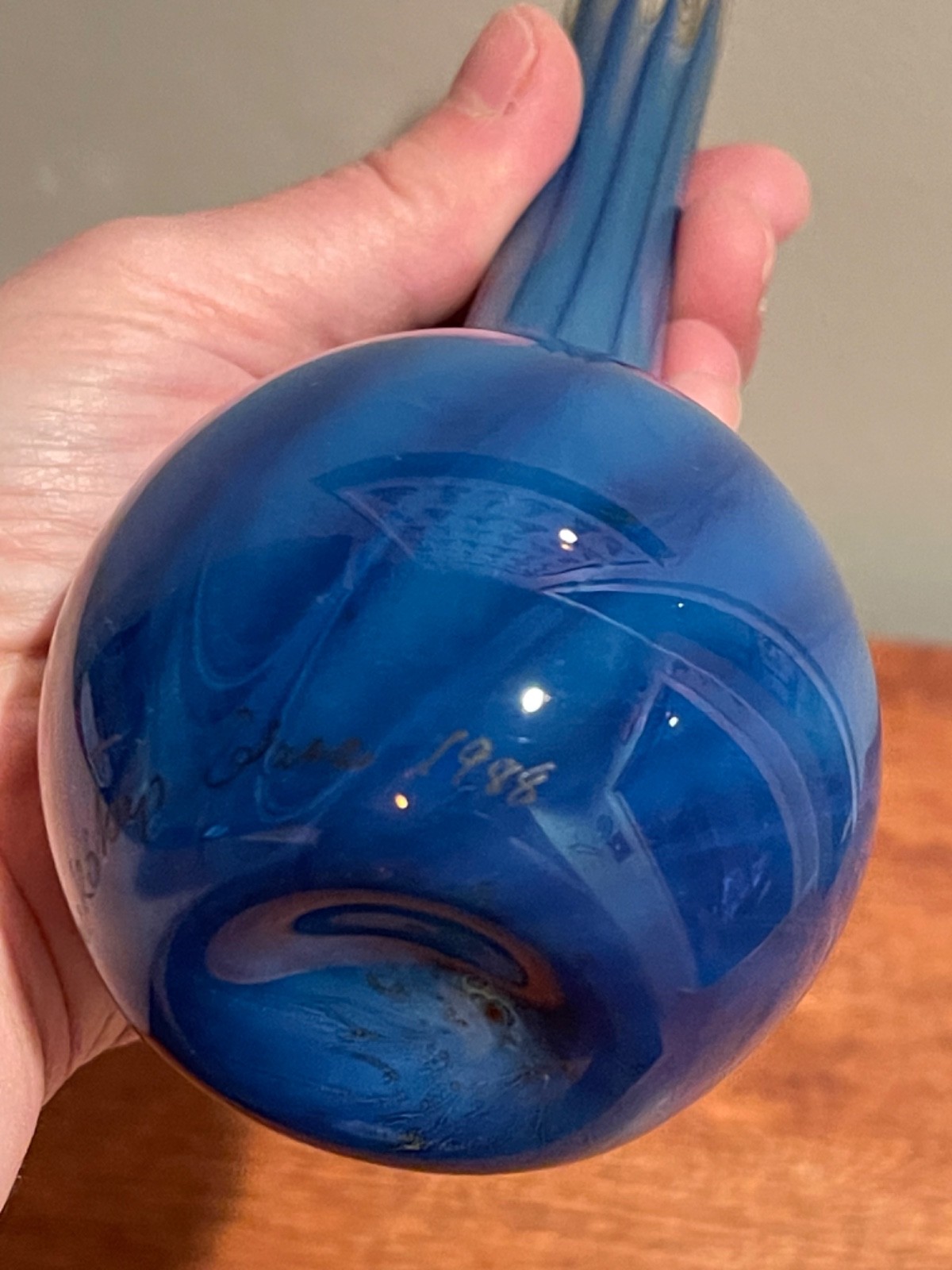 Vintage Signed 1988 Black Sheep Glass Studio Blue Bud Vase 8” Inch