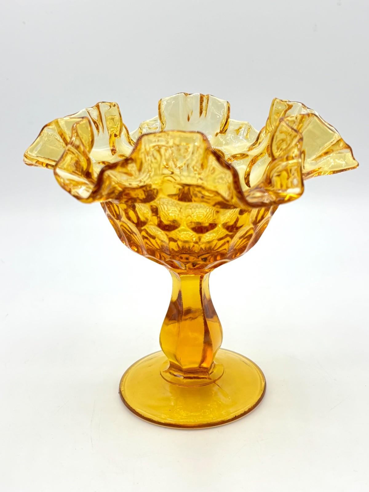 Vintage Fenton Glass Colonial Amber Thumbprint Ruffled Candy Compote Dish 6″