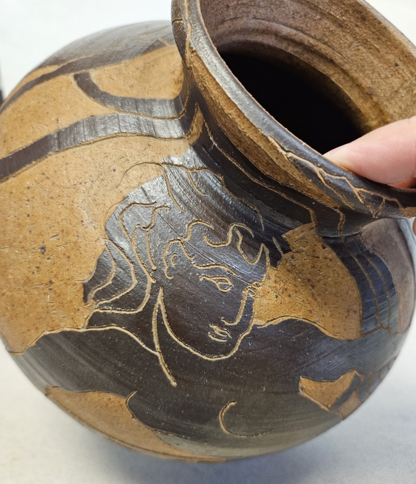 1960s Ceramic Handmade Etched ANCIENT GREEK STYLE Pottery Vase JUG Signed AHO