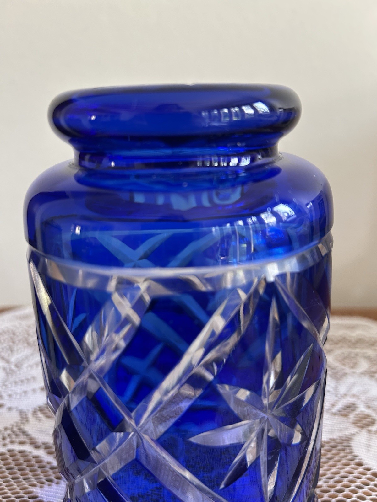 Bohemian Cobalt Blue Cut To Clear Crystal Vase Starburst Thumbprint Pattern