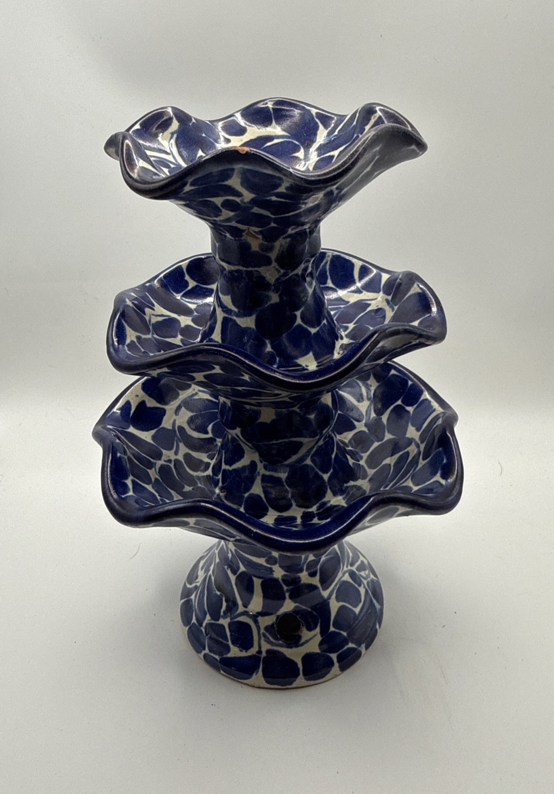 3 TIER TALAVERA HAND PAINTED MEXICAN CERAMIC CANDLE HOLDER BLUE & WHITE