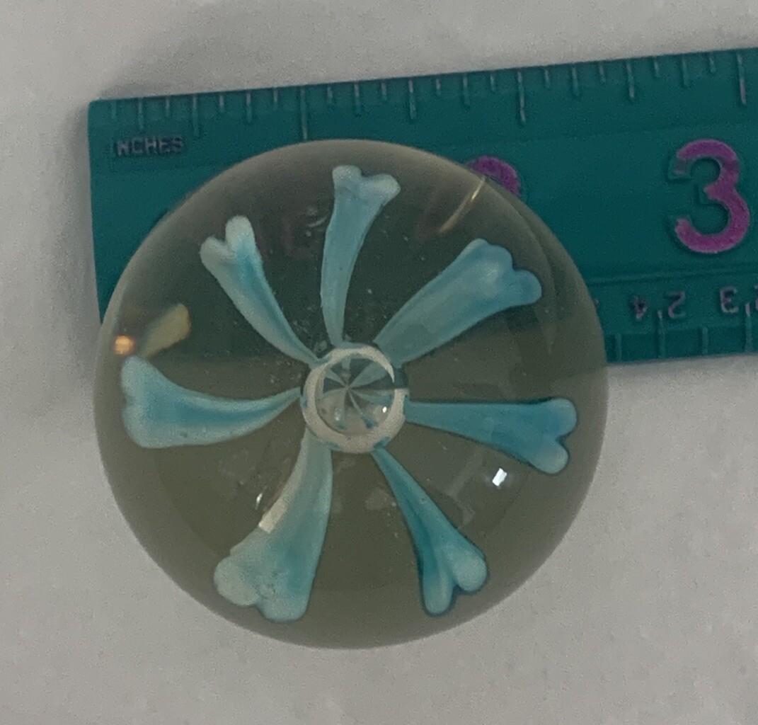 Blown Aqua/Turquoise Flowers inside Art GLASS PAPERWEIGHT 2.25”