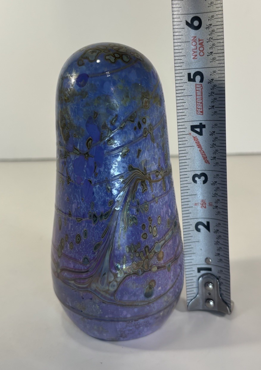Handblown Glass Paperweight SIGNED Iridescent Blue & Purple 5.5” Tall